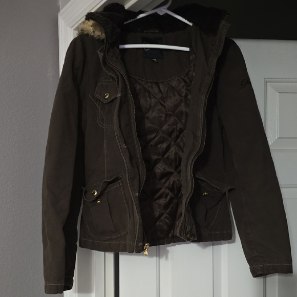 Guess Dark Brown Jacket With Fur Hood Medium - Picture 2 of 8